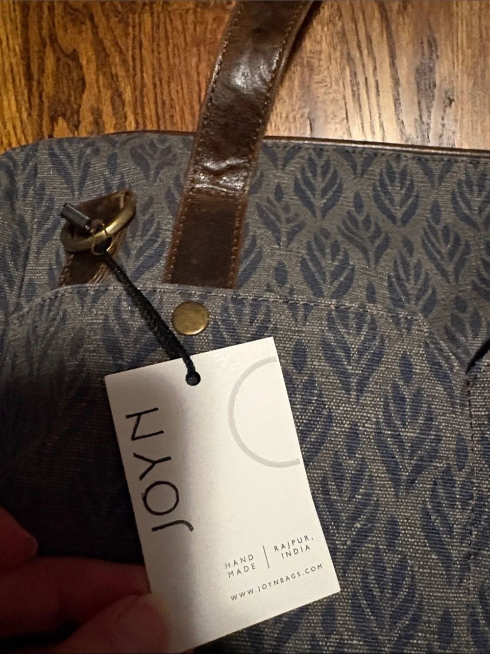 NWT JOYN Slate Patterned Satchel with Brown Leather Accents Fair Trade